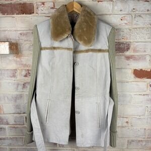 Vintage Morrow Sage Suede Leather Jacket Faux Fur Collar Knit Sleeves L Belted